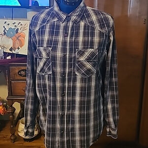 Reclaim western mens shirt/pearl snap Sz XL. Blue/white /black plaid. (#1089)